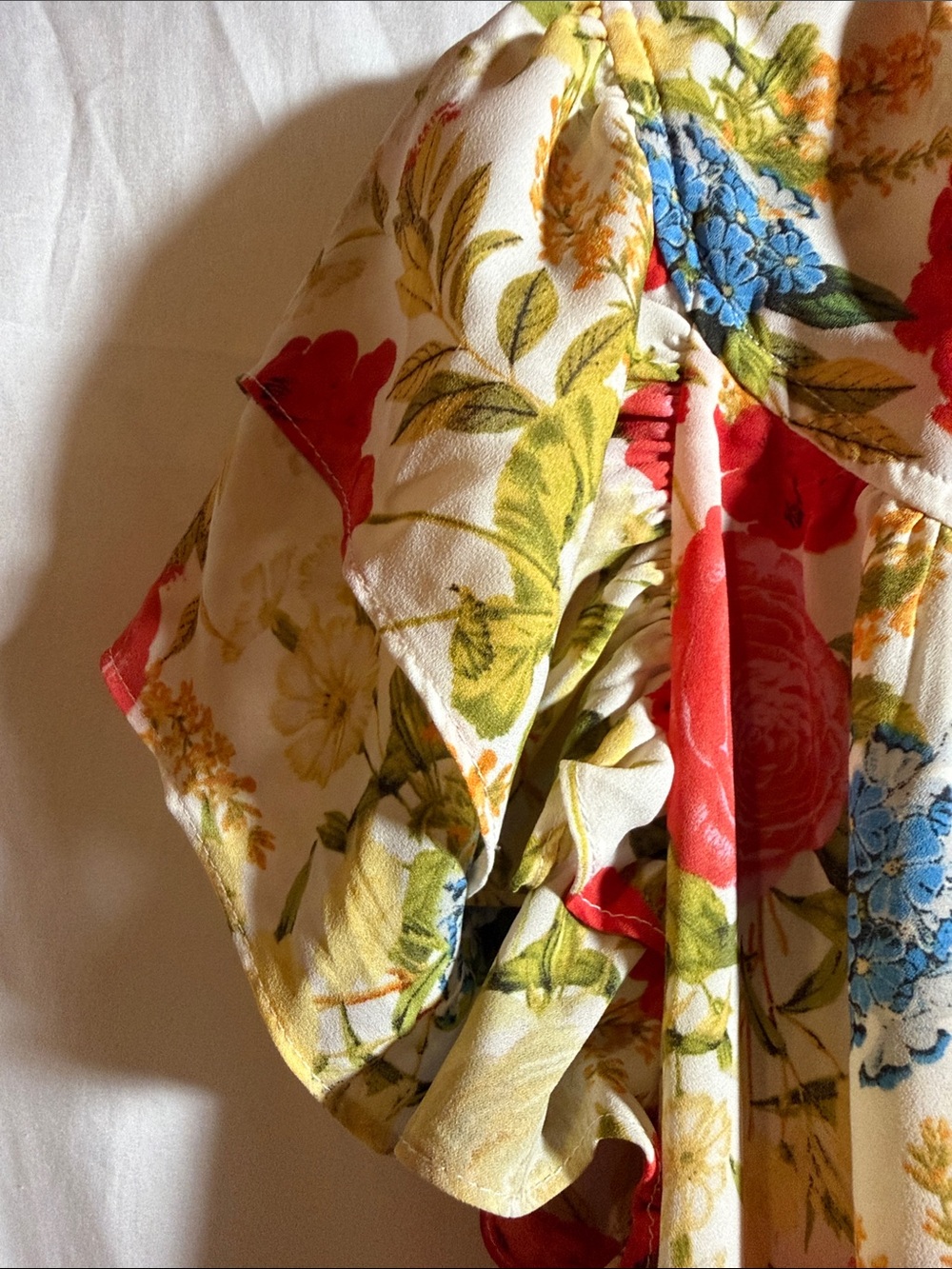 Rose & Olive Cream Floral Ruffle-Trim Tunic with Red, Blue & Yellow Blooms - Picture 3 of 9